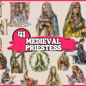 41 PNG Aquarell Mittelalterliche Priesterin Clipart, christliche Prediger Clip Art Set, historische religiöse Grafik-Bundle, digitale Illustration