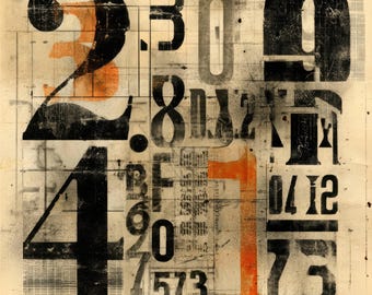 May include: A collage of black and orange numbers on a textured beige background. The numbers are layered and overlapping, creating a visually interesting and abstract design.