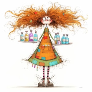 Puede incluir: Una ilustraci&oacute;n caprichosa de una mujer pelirroja con un vestido de retazos y una bandeja de botellas de colores. Lleva gafas y tiene una expresi&oacute;n juguetona en la cara.