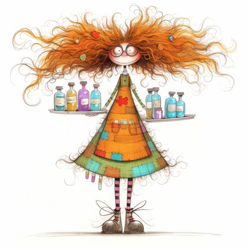 Puede incluir: Una ilustraci&oacute;n caprichosa de una mujer pelirroja con un vestido de retazos y una bandeja de botellas de colores. Lleva gafas y tiene una expresi&oacute;n juguetona en la cara.