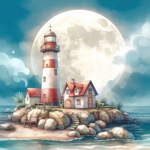 Moonlit Coastal Lighthouse Clip Art 10 High Res Watercolor JPGs Junk Journals, Scrapbook, Card Making, Digital Download, Fantasy, Whimsical