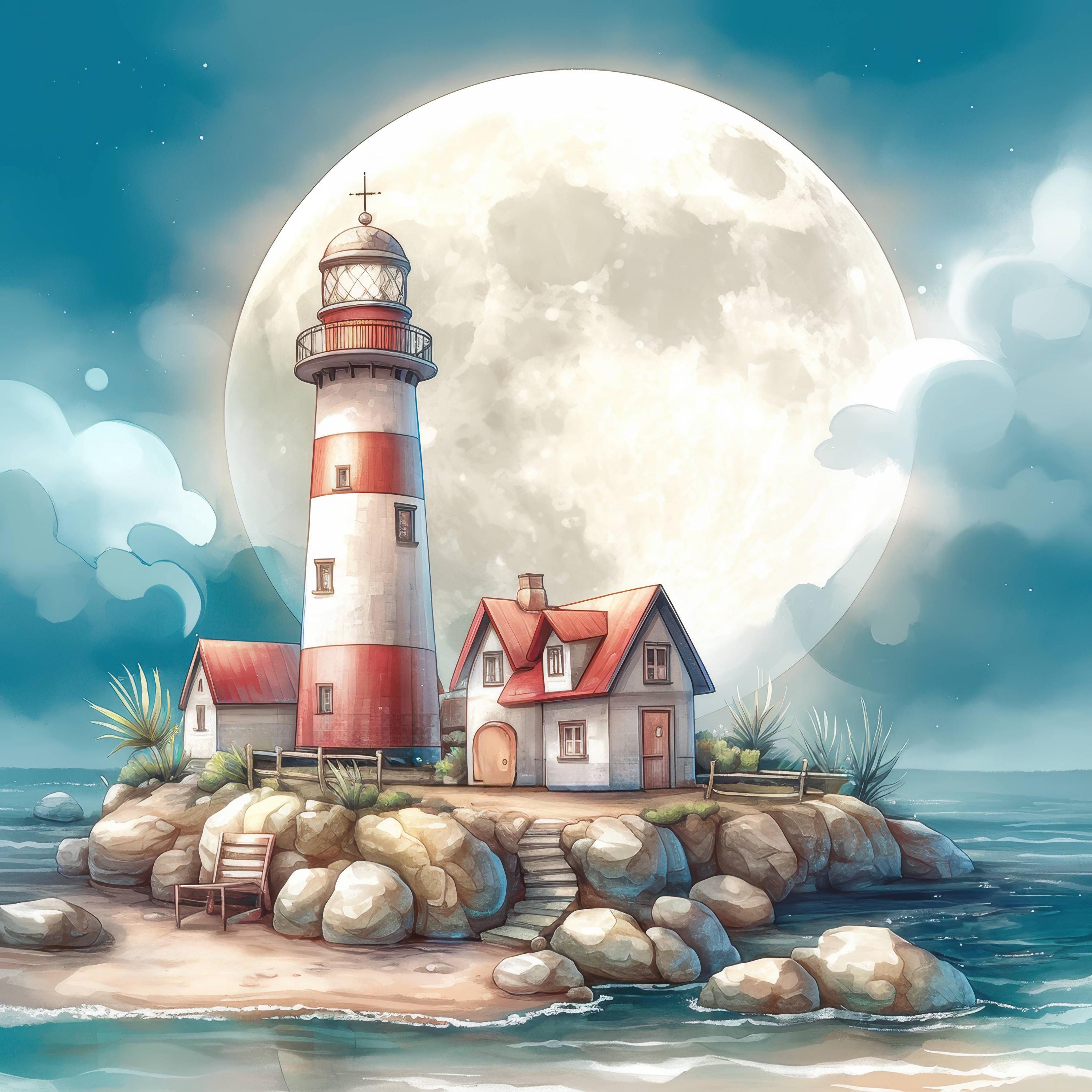 Moonlit Coastal Lighthouse Clip Art 10 High Res Watercolor Jpgs Junk ...