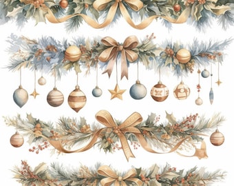 Op de afbeelding: Waterverfillustratie van kerstslingers met gouden strikken, ornamenten en hulst. De slingers hebben groene, blauwe en bruine tinten, met rode bessen en gouden accenten. De ornamenten omvatten ballen, sterren en druppelvormen.