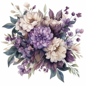 24 Purple Flowers Bouquet Clipart, Violet Floral Arrangement Illustration, Printable Watercolor Clipart, High Quality JPG, Paper Craft