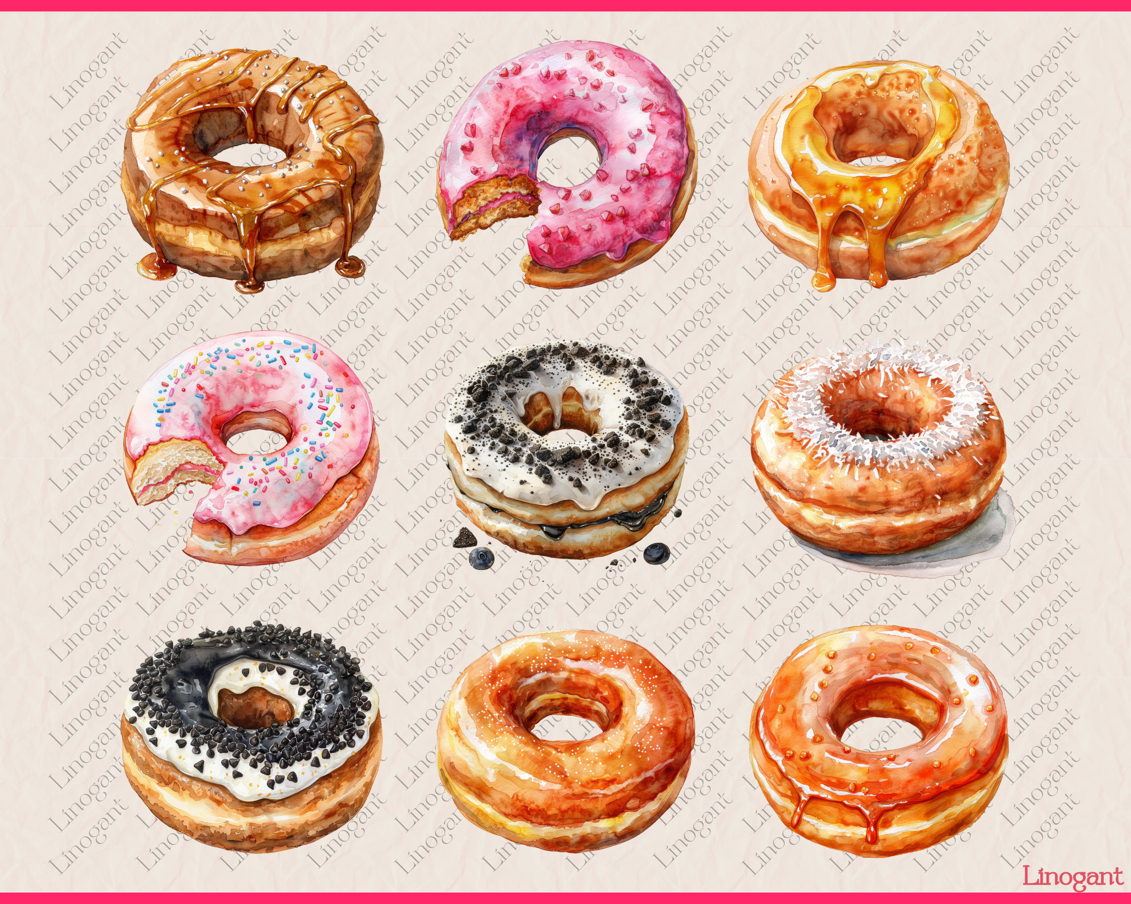Watercolor Donut Clipart Bundle, Donuts Clip Art Set, Dessert PNG ...