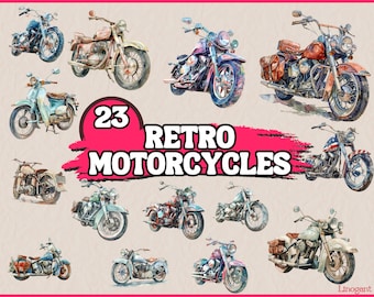 Watercolor Old Retro Motorcycle Clipart Bundle, Motor Clip Art Set, Motorbike Rider and Biker PNG Graphics,  Digital Illustration, Scrapbook