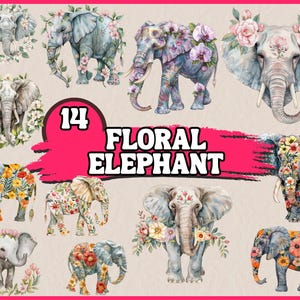 Clipart de Elefante Floral | Elefante com Flores PNG, Pacote de Sublimação de Animais Florais, Ilustrações | Download Instantâneo para Uso Comercial
