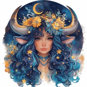 Può includere: Illustrazione digitale del segno zodiacale del Toro. Una donna con i capelli blu, ornata da una corona floreale e dettagli a stella, è raffigurata con corna e orecchie di toro. Lo sfondo presenta una luna crescente e un cielo stellato.