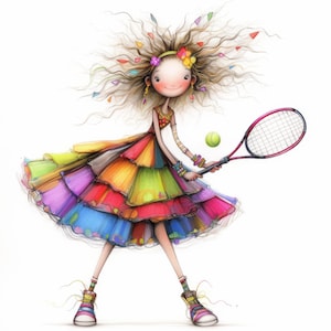 Whimsical Tennis Player Clip Art 10 High Res Watercolor JPGs Junk Journaling, Scrapbooking, Card Making, Digital Download, Fantasy, Quirky