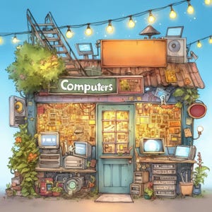 May include: An illustrated computer shop with the word "Computers" above the entrance. The shop is adorned with fairy lights and features a range of vintage computers and equipment. The shop has a blue door and is surrounded by plants and flowers.