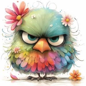 Floral Grumpy Birds Clipart 10 High Res Watercolor JPGs Junk Journals, Scrapbook, Card Making, Digital Download, Quirky, Fantasy, Whimsical