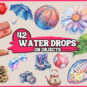 May include: A watercolor illustration of 42 water drops on various objects, including a flower, a basketball, a leaf, a football, a camera, a teapot, a pair of sunglasses, a brick, a pine cone, a wallet, and an umbrella. The illustration is titled "42 Water Drops on Objects".