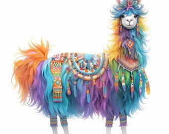 May include: A colorful llama with a rainbow-colored coat and a decorative patterned saddle. The llama is wearing a colorful headpiece with feathers and beads.