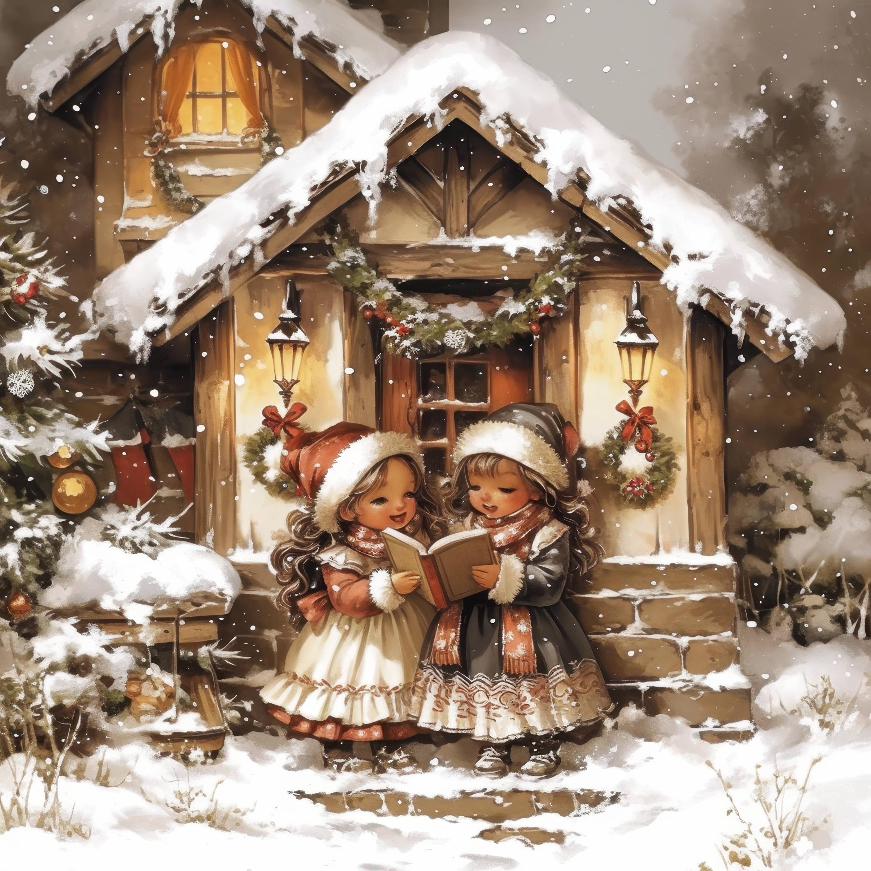 水彩画のクリスマスキャロルクリップアート15点セット、クリスマスの