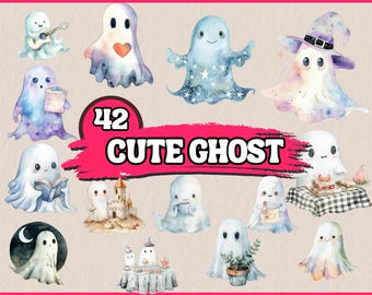 42 imágenes PNG de fantasmas lindos de acuarela, fantasmas minimalistas, espectro de Halloween, paquete de imágenes de fantasmas, ilustraciones/descarga, uso comercial