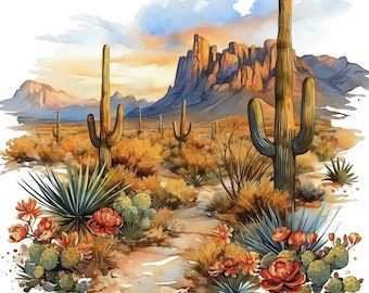 14 Desert Scene Clipart Bundle, Arid Landscape Illustration, Printable Watercolor Clipart, High Quality JPG, Paper Craft, Junk Journals