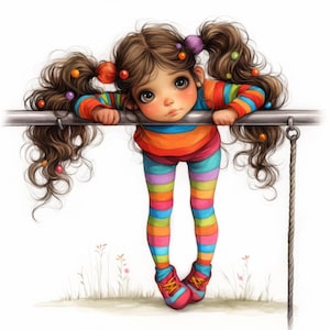 May include: A young girl with long brown hair tied in pigtails with colourful beads hangs upside down from a metal bar. She is wearing a rainbow striped shirt and trousers.
