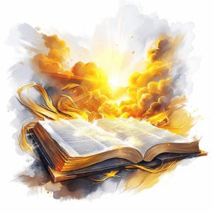 May include: An open book with gold-edged pages, radiating light and surrounded by golden clouds. The illustration has a watercolor style, with bright yellow and white hues. The book is the central focus, suggesting themes of knowledge and spirituality.