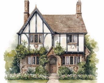 14 Tudor House Clipart Bundle, Old Medieval Style Illustration, Printable Watercolor Clipart, High Quality JPG, Paper Craft, Junk Journals