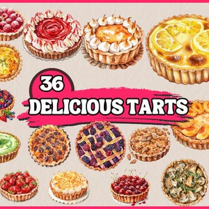 36 deliciosas tartas Clipart / Tarta horneada con nueces, crema batida, mermelada, fresa, cereza, ilustración / Descarga instantánea para uso comercial