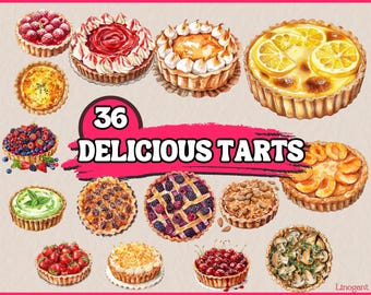 May include: A collection of 36 watercolor illustrations of various delicious tarts. The tarts are decorated with fruit, chocolate, nuts, and other toppings. The image includes a title that reads "36 Delicious Tarts".