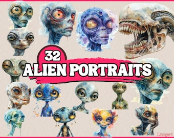 Watercolor Alien Portraits Clipart Bundle, Aliens Face Clip Art Set, Space Clipart, Ufo Clipart, Horror PNG Graphic Space Decor Illustration