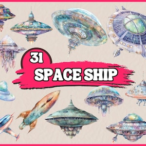 31 Space Ship Clipart | Whimsical Outer Space Clipart | Printable Watercolor | High Quality PNGs | Digital Download | Paper Craft | Journals