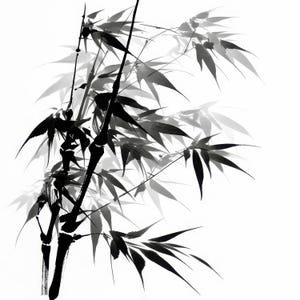 Op de afbeelding: Zwart-wit inkttekening van bamboe. Het kunstwerk toont bamboestengels en bladeren met gedurfde penseelstreken, waardoor een gevoel van diepte en beweging ontstaat. De bladeren zijn gedetailleerd en de achtergrond is wit.