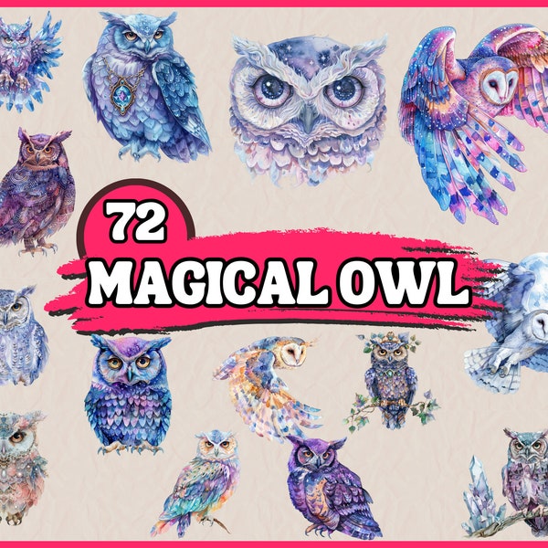 Watercolor Magical Owl Clipart Bundle, Enchanted Animal Clip Art Set, Fantasy PNG Graphics, Whimsical Forest Bird with Gem, Moon, Commercial