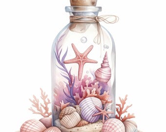 10 Mermaid Bottle Clipart Bundle, Ocean Fantasy Scene Illustration, Printable Watercolor Clipart, High Quality JPG, Paper Craft, Journals
