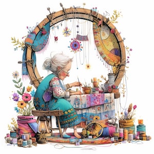 Whimsical Old Woman Embroidery Clip Art 10 High Res Watercolor JPGs for Junk Journals, Scrapbooking, Card Making, Digital Download, Fantasy