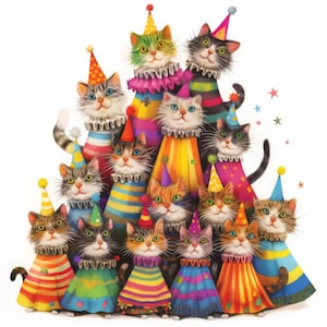 Whimsical Party Cats Clip Art 10 High Res Watercolor JPGs Junk Journaling, Scrapbooking, Card Making, Digital Download Kit, Fantasy, Funny