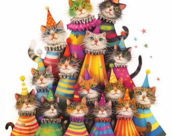 Whimsical Party Cats Clip Art 10 High Res Watercolor JPGs Junk Journaling, Scrapbooking, Card Making, Digital Download Kit, Fantasy, Funny