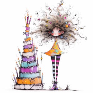 Quirky Birthday Girls Clip Art 15 High Res Watercolor JPGs Junk Journaling, Scrapbooking, Card Making, Digital Download, Fantasy, Whimsical