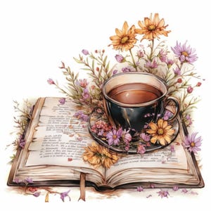 Pacchetto di 12 clipart di tazze da caffè e libri, illustrazione di una scena di lettura accogliente, clipart acquerello stampabile, JPG di alta qualità, creazione di carta