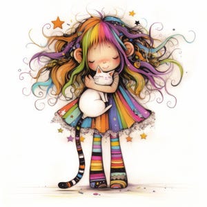 Quirky Girl Hugging Cat Clip Art 13 High Res Watercolor JPGs Junk Journals, Scrapbooking, Card Making, Digital Download, Fantasy, Whimsical