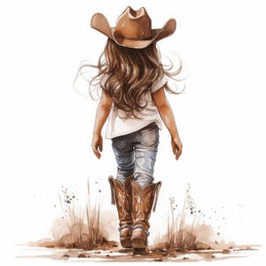 10 Cowboy Girl Clipart Bundle, Western Hat Child Illustration, Printable Watercolor Clipart, High Quality JPG, Paper Craft, Junk Journals