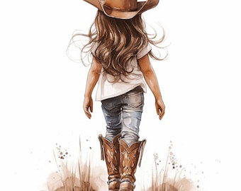 10 Cowboy Girl Clipart Bundle, Western Hat Child Illustration, Printable Watercolor Clipart, High Quality JPG, Paper Craft, Junk Journals