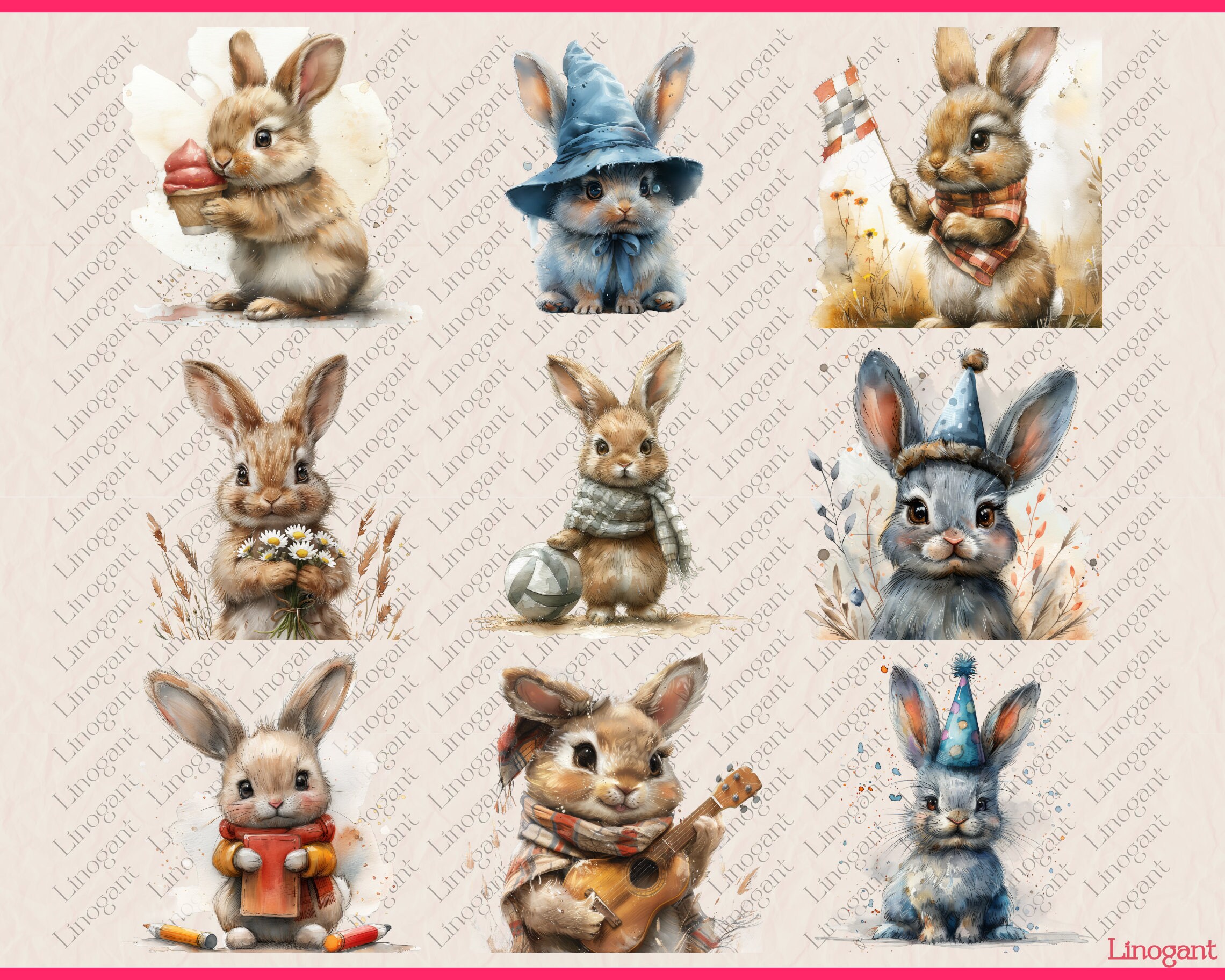 Watercolor Summer Bunny Clipart Bundle, Bunny Clip Art Set, Baby Rabbit