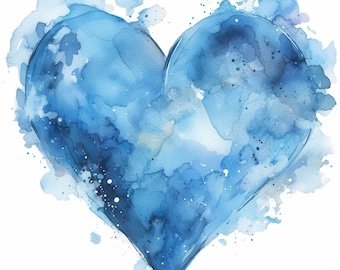 Op de afbeelding: Een aquarel schilderij van een blauw hart op een witte achtergrond. Het hart is weergegeven met blauwtinten, waardoor een textuurrijk, artistiek effect ontstaat. Spetters en wassingen van blauw omringen het hart.