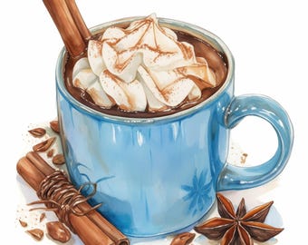 10 Hot Cocoa Mug Clipart Bundle, Warm Winter Mug Illustration, Printable Watercolor Clipart, High Quality JPG, Paper Craft, Junk Journals