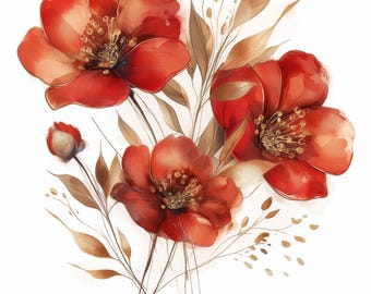 Paquete de 10 imágenes prediseñadas florales rojas, ilustración artística de flores carmesí, imágenes prediseñadas de acuarela imprimibles, JPG de alta calidad, manualidades de papel, revistas basura
