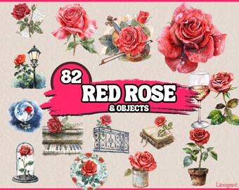 Watercolor Red Rose Objects Clipart Bundle, Floral Clip Art Set, Flower PNG Graphics, Use for Scrapbooking, Junk Journal, Digital Download
