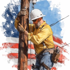 Op de afbeelding: Illustratie van een elektricien in een geel overhemd en helm, die aan een elektriciteitspaal werkt. De Amerikaanse vlag staat op de achtergrond, met een blauwe lucht. De werknemer draagt handschoenen en een veiligheidsbril.