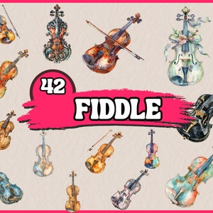 Puede incluir: Una colección de 42 ilustraciones de violines en acuarela en varios colores y estilos. La palabra "FIDDLE" está escrita en letras grandes de color rosa en la parte superior de la imagen.