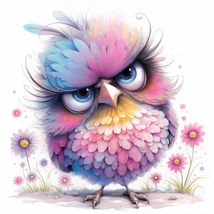 Grumpy Birds With Flower Clipart 11 High Res Watercolor JPGs Junk Journals, Scrapbooking, Card Making, Digital Download, Fantasy, Whimsical