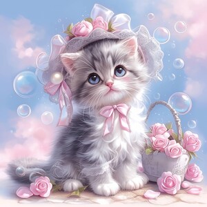 10 Cute Cats With Bubbles And Flowers Clipart Bundle, Illustration, Printable Watercolor Clipart, High Quality JPG, Paper Craft,Junk Journal