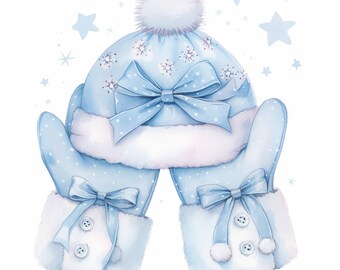 May include: A light blue winter hat and mittens set. The hat features a white pom-pom and is decorated with snowflakes and a large bow. The mittens have bows, buttons, and white faux fur trim. The set is decorated with small stars.