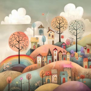 May include: A whimsical illustration of a colorful village nestled among rolling hills. The houses are painted in shades of pink, blue, green, and yellow, with white trim. There are trees with green and orange leaves, and a rainbow arches over the village.