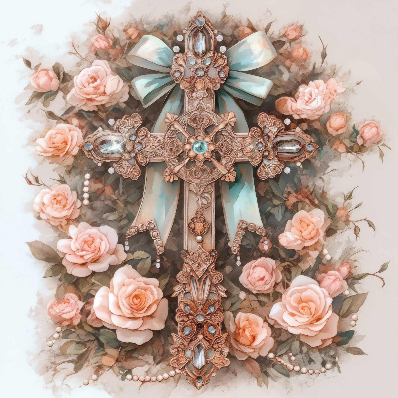 Cross With Roses And Ribbon 10 Holy Cross With Roses Clipart Bundle, Religious Illustration ...